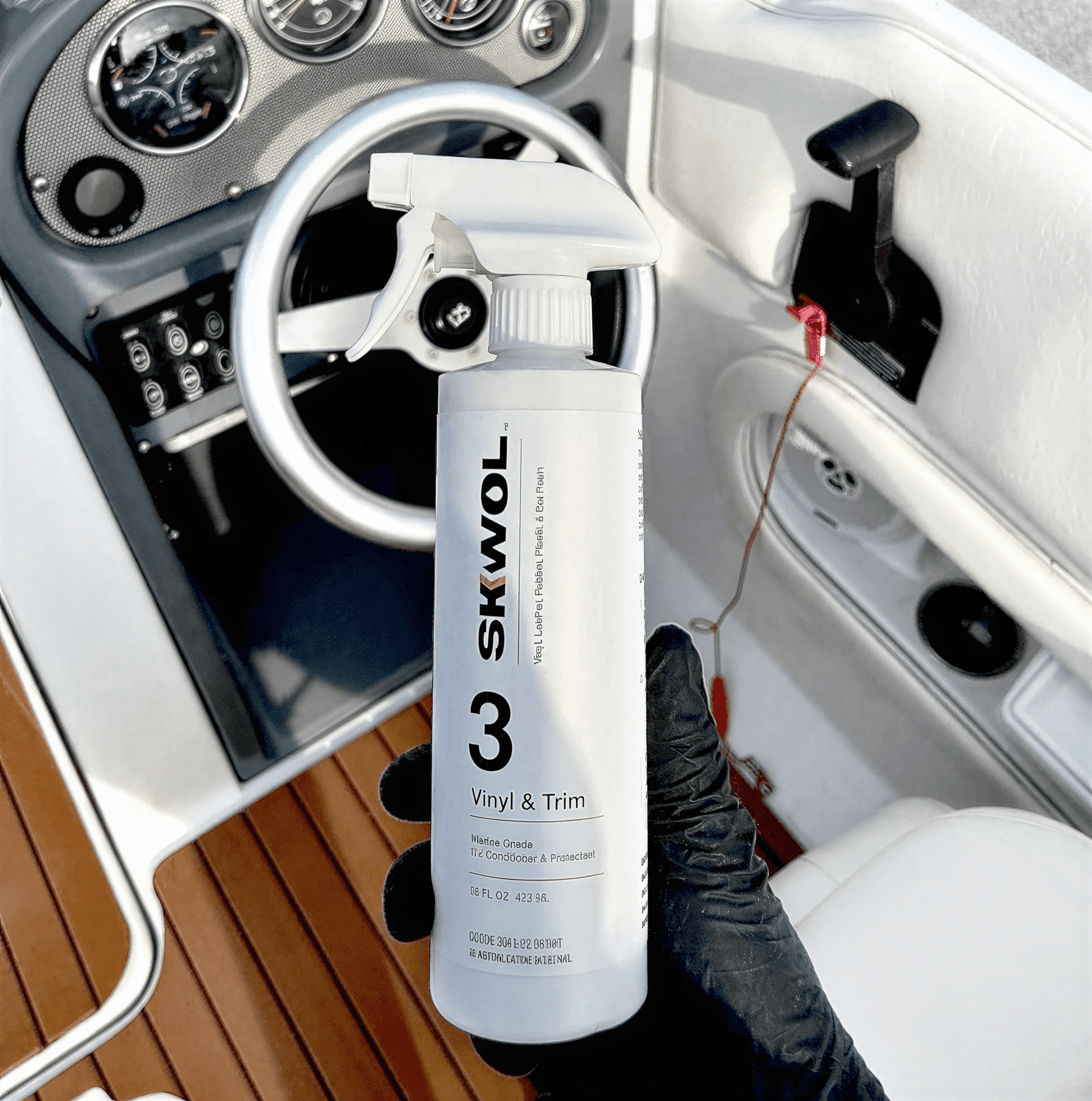 Boat seat vinyl protectant and cleaner preventing fading cracking mold and mildew on marine upholstery