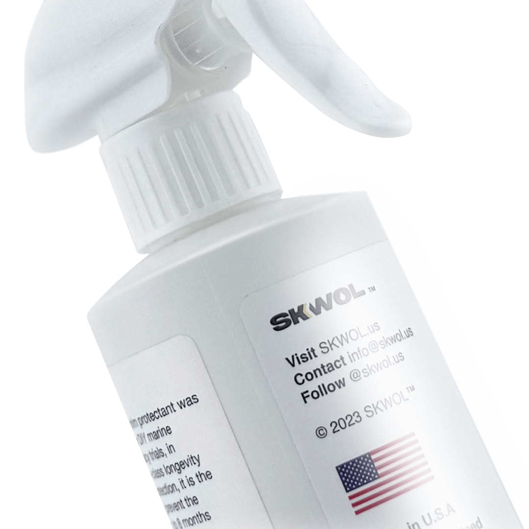 Before and after results of SKWOL™ Vinyl & Trim Cleaner protecting boat surfaces from mold stains, fading, and UV damage.