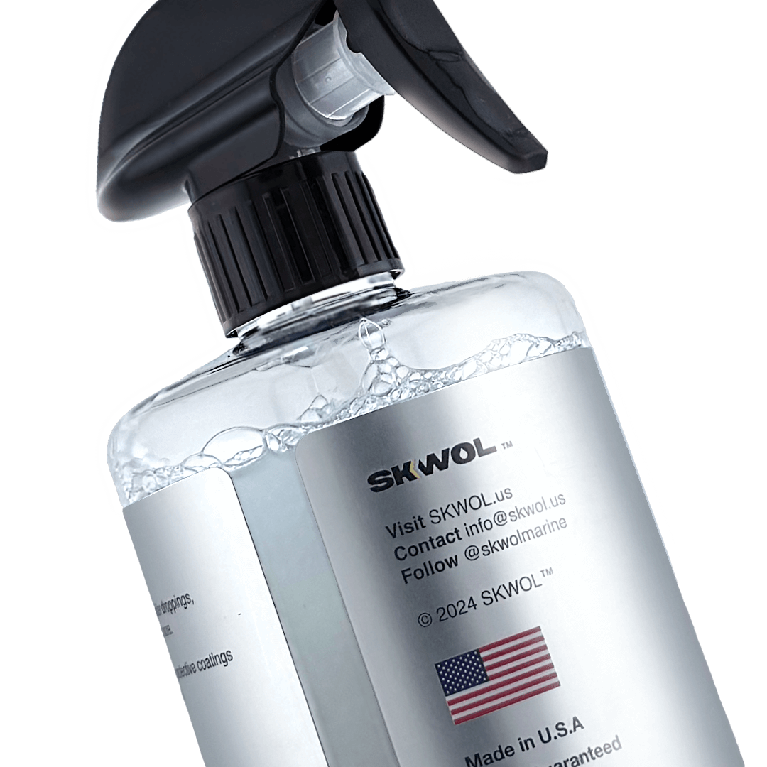 Before and after using SKWOL™ Boat Stain Remover to clean waterline stains, algae buildup, and grime from a boat hull.