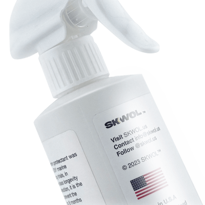 Before and after results of SKWOL™ Vinyl & Trim Cleaner protecting boat surfaces from mold stains, fading, and UV damage.